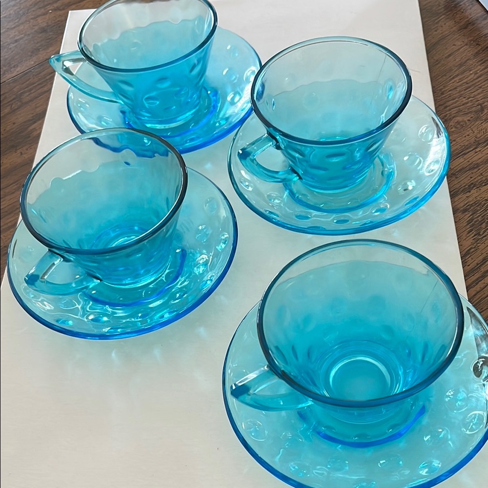 Vintage atlas Blue Dot Set of Blue Glass Teacups and Saucers